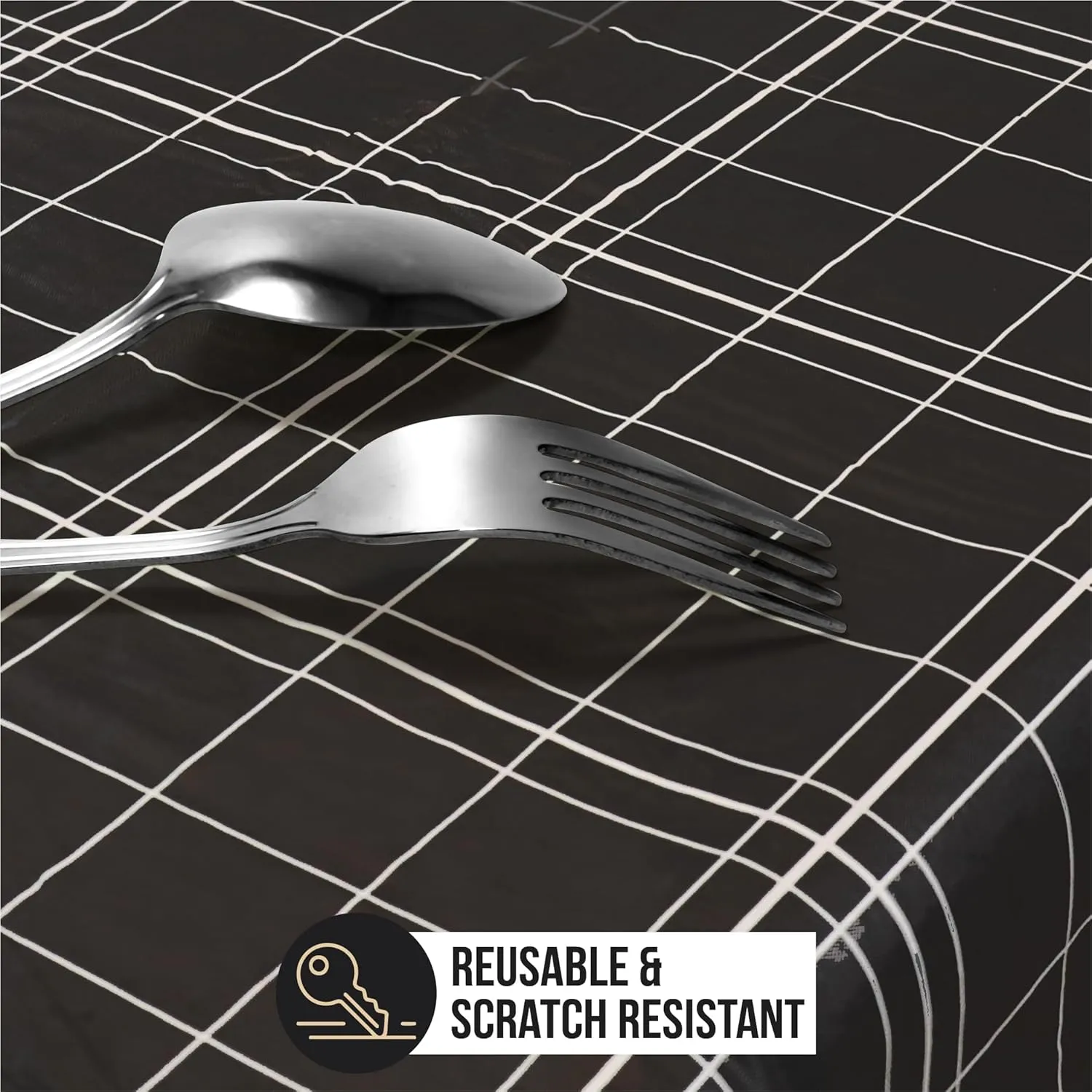 BRODER MFG. INC. White Lines Flannel Backed Vinyl Tablecloth - Black, 52x70 Oblong (Rectangle) | Perfect for Picnics, Barbeques, Parties, Camping, Special Occasions, Gatherings, and Everyday Use