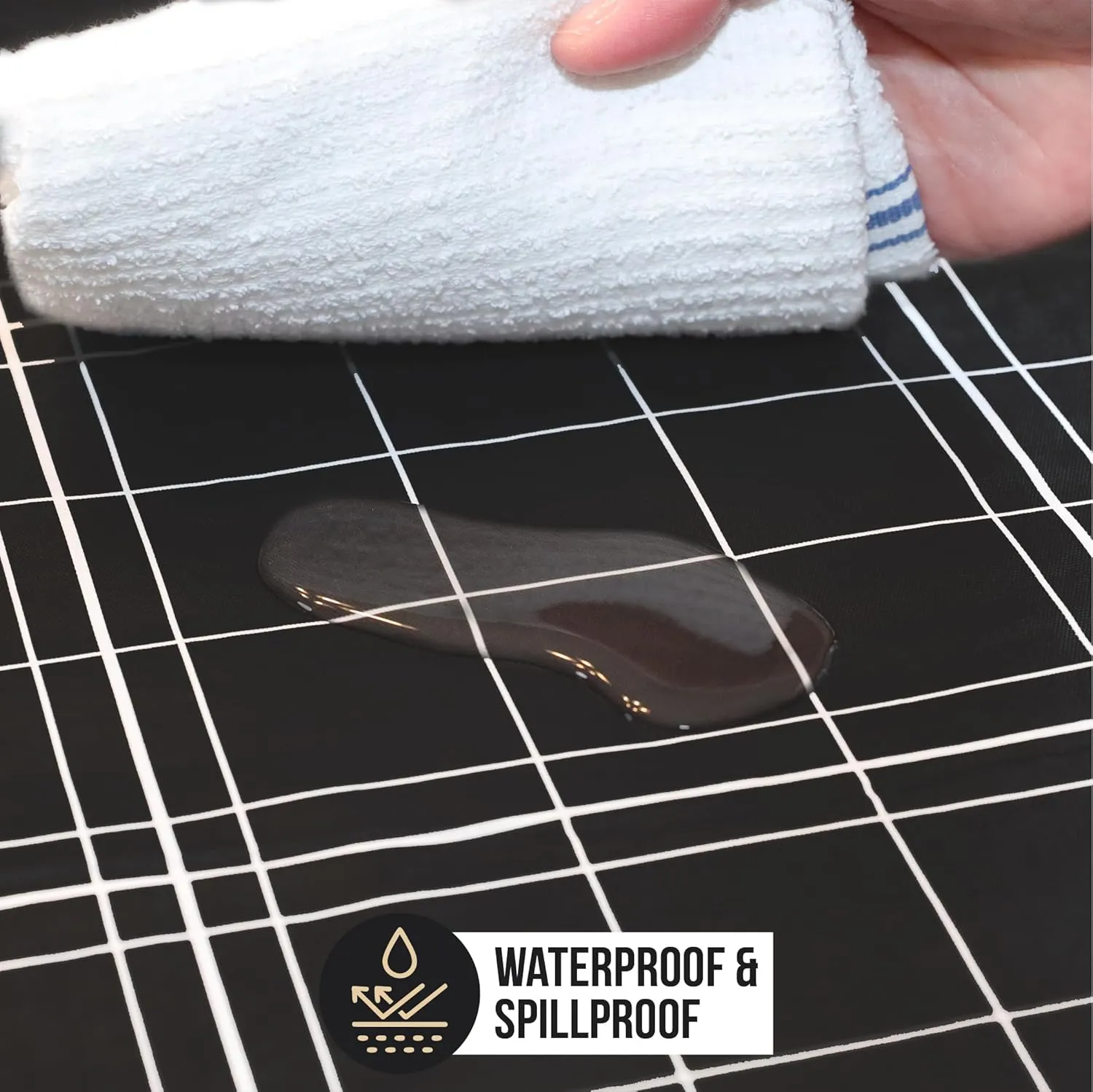 BRODER MFG. INC. White Lines Flannel Backed Vinyl Tablecloth - Black, 52x70 Oblong (Rectangle) | Perfect for Picnics, Barbeques, Parties, Camping, Special Occasions, Gatherings, and Everyday Use