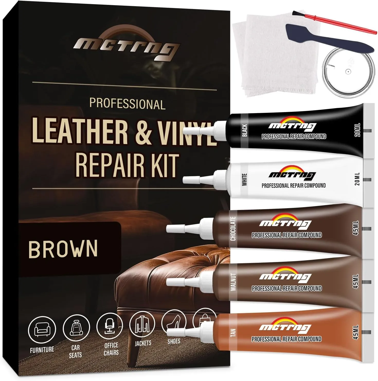 Brown Leather Repair Kit for Furniture, Couch, Vinyl and Leather Repair Kit for Sofa, Jacket, Car Seats and Purse, Restores Faux, Artificial, Genuine Pleather & Any Material, for Scratch, Tears, Holes