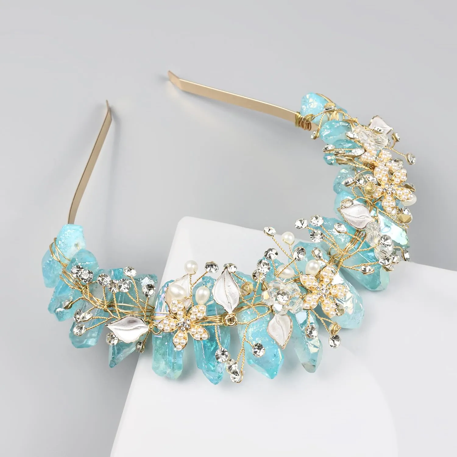 Bubbmi Raw Crystal Flower Headband with Pearl Rhinestone, Natural Quartz Tiara Bridal Floral Headpiece for Women Girls (blue)