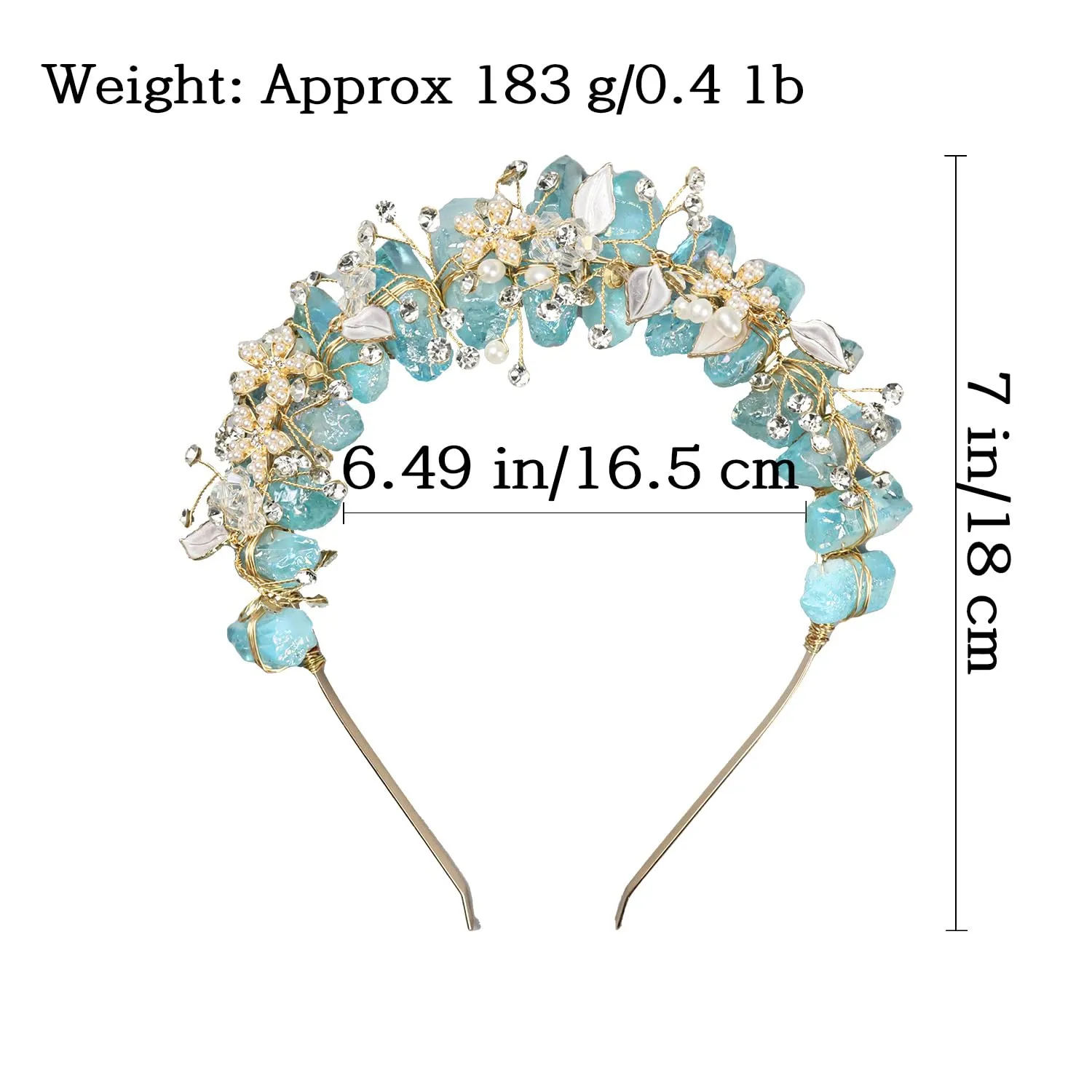Bubbmi Raw Crystal Flower Headband with Pearl Rhinestone, Natural Quartz Tiara Bridal Floral Headpiece for Women Girls (blue)