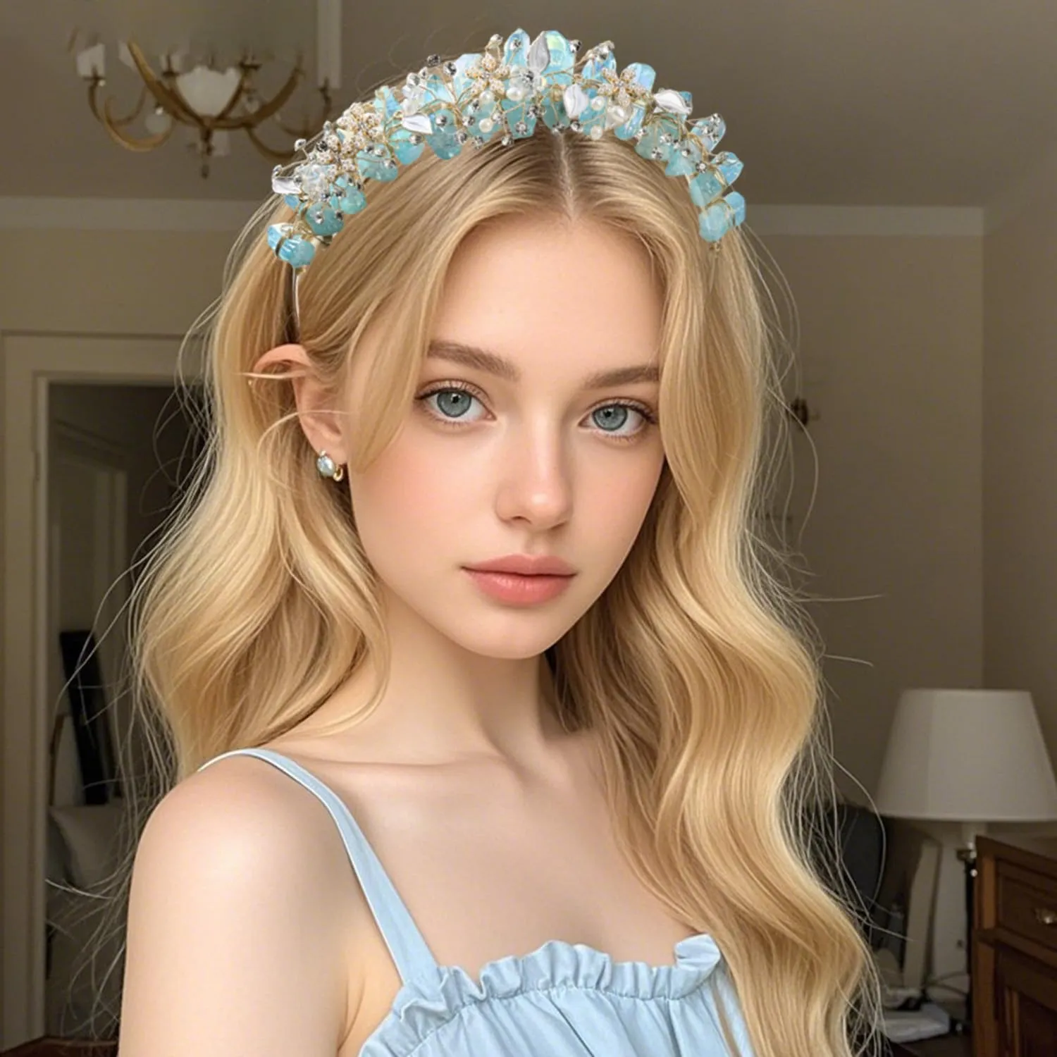 Bubbmi Raw Crystal Flower Headband with Pearl Rhinestone, Natural Quartz Tiara Bridal Floral Headpiece for Women Girls (blue)