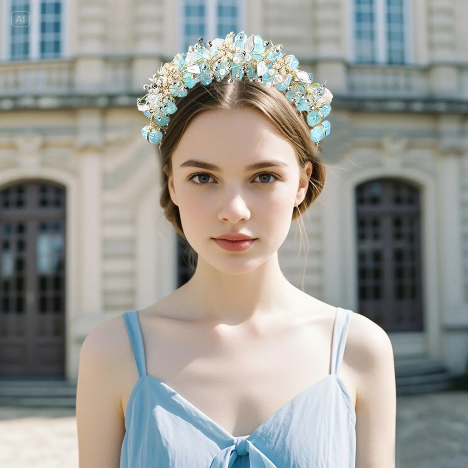 Bubbmi Raw Crystal Flower Headband with Pearl Rhinestone, Natural Quartz Tiara Bridal Floral Headpiece for Women Girls (blue)