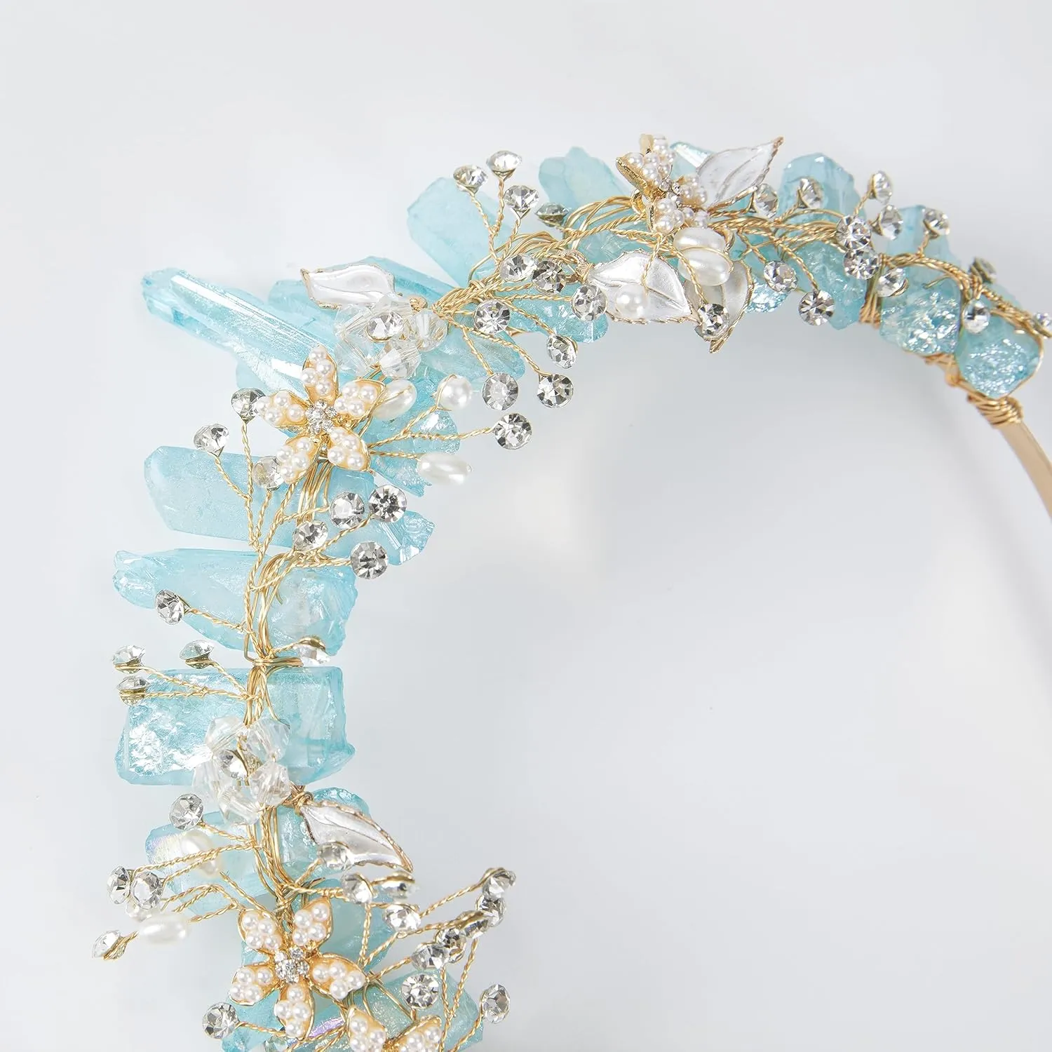 Bubbmi Raw Crystal Flower Headband with Pearl Rhinestone, Natural Quartz Tiara Bridal Floral Headpiece for Women Girls (blue)