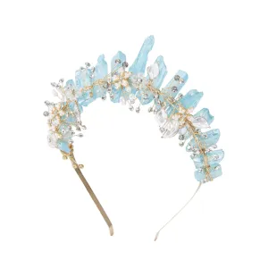 Bubbmi Raw Crystal Flower Headband with Pearl Rhinestone, Natural Quartz Tiara Bridal Floral Headpiece for Women Girls (blue)