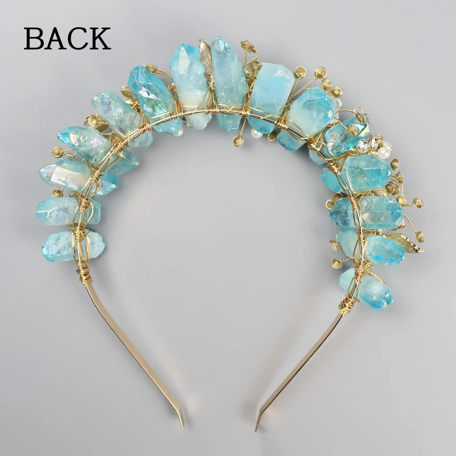 Bubbmi Raw Crystal Flower Headband with Pearl Rhinestone, Natural Quartz Tiara Bridal Floral Headpiece for Women Girls (blue)