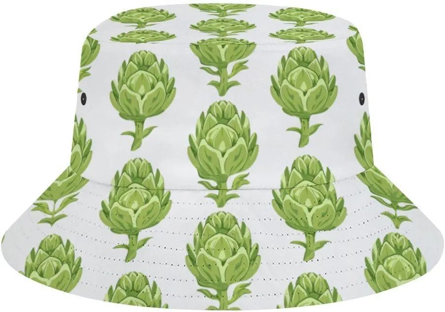 Bucket Hat for Men Women,Green Artichoke Pattern Printed Packable Travel Fisherman Hat,Sun Hat for Beach, Golf, Fishing