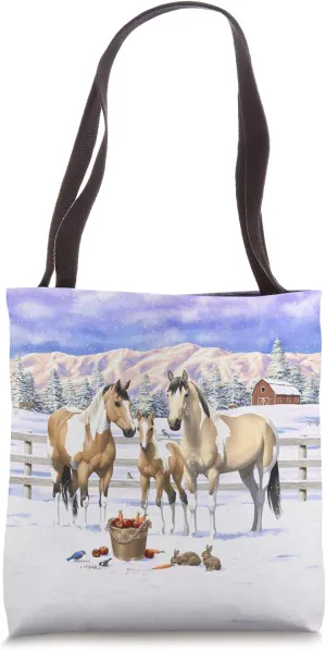 Buckskin Pinto Dun Paint Horses In Snow Winter Scene Tote Bag