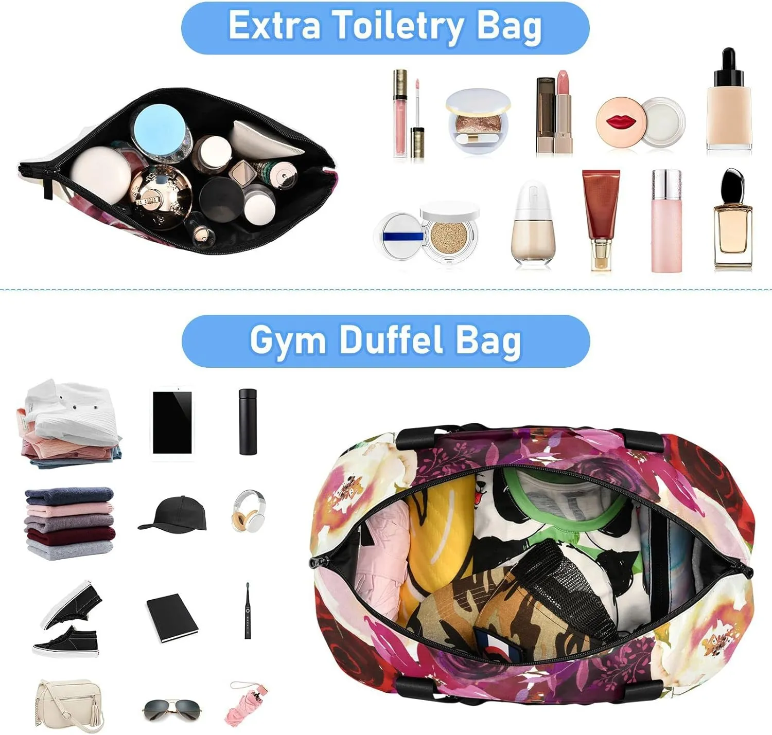 Burgundy Red White Floral Flowers and Feathers on White Foldable Travel Bag, Camping Luggage bag, Portable Gym Bag, Sports Bag, Toiletry Bag with Handles Adjustable Shoulder Strap