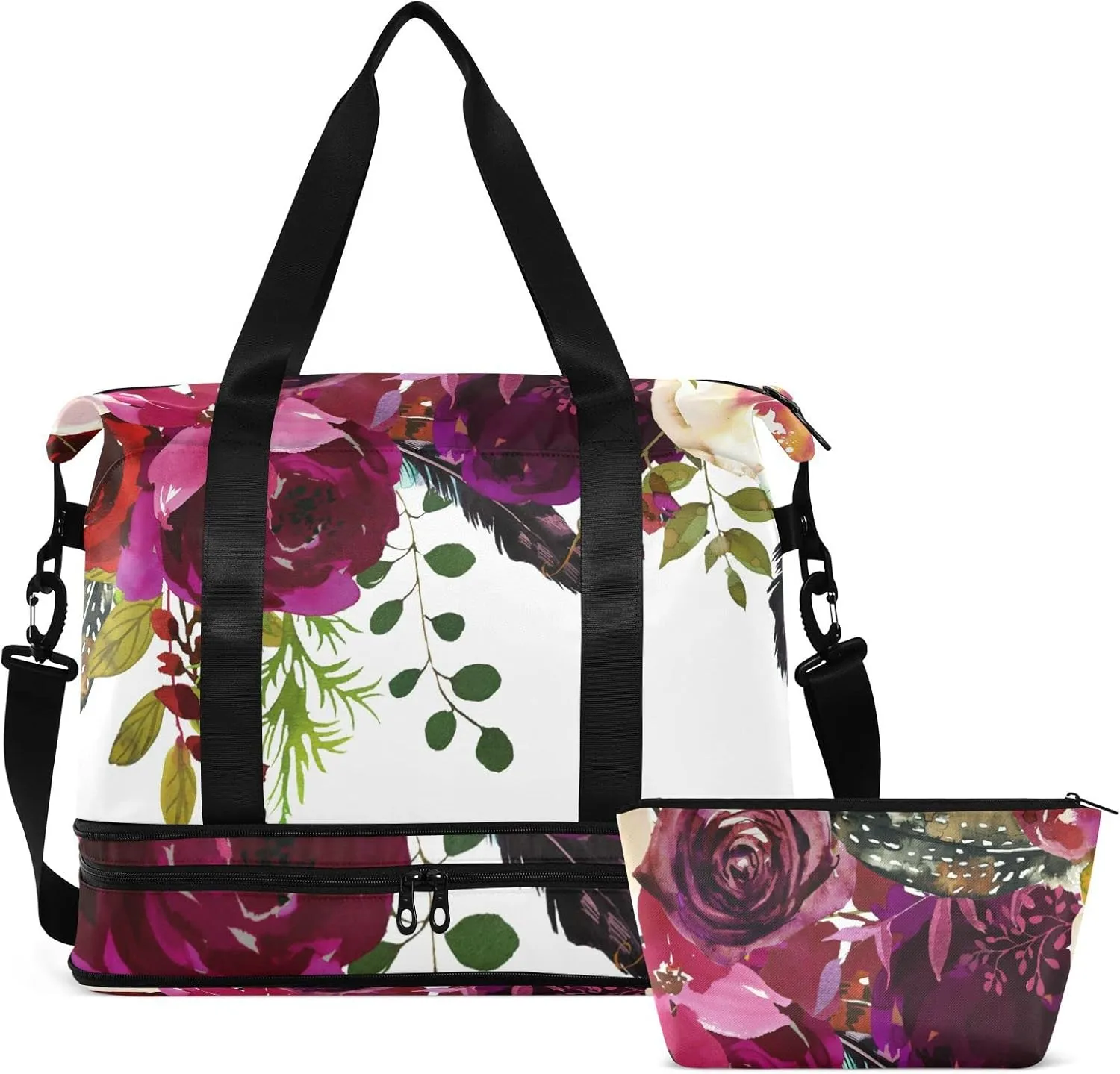 Burgundy Red White Floral Flowers and Feathers on White Foldable Travel Bag, Camping Luggage bag, Portable Gym Bag, Sports Bag, Toiletry Bag with Handles Adjustable Shoulder Strap