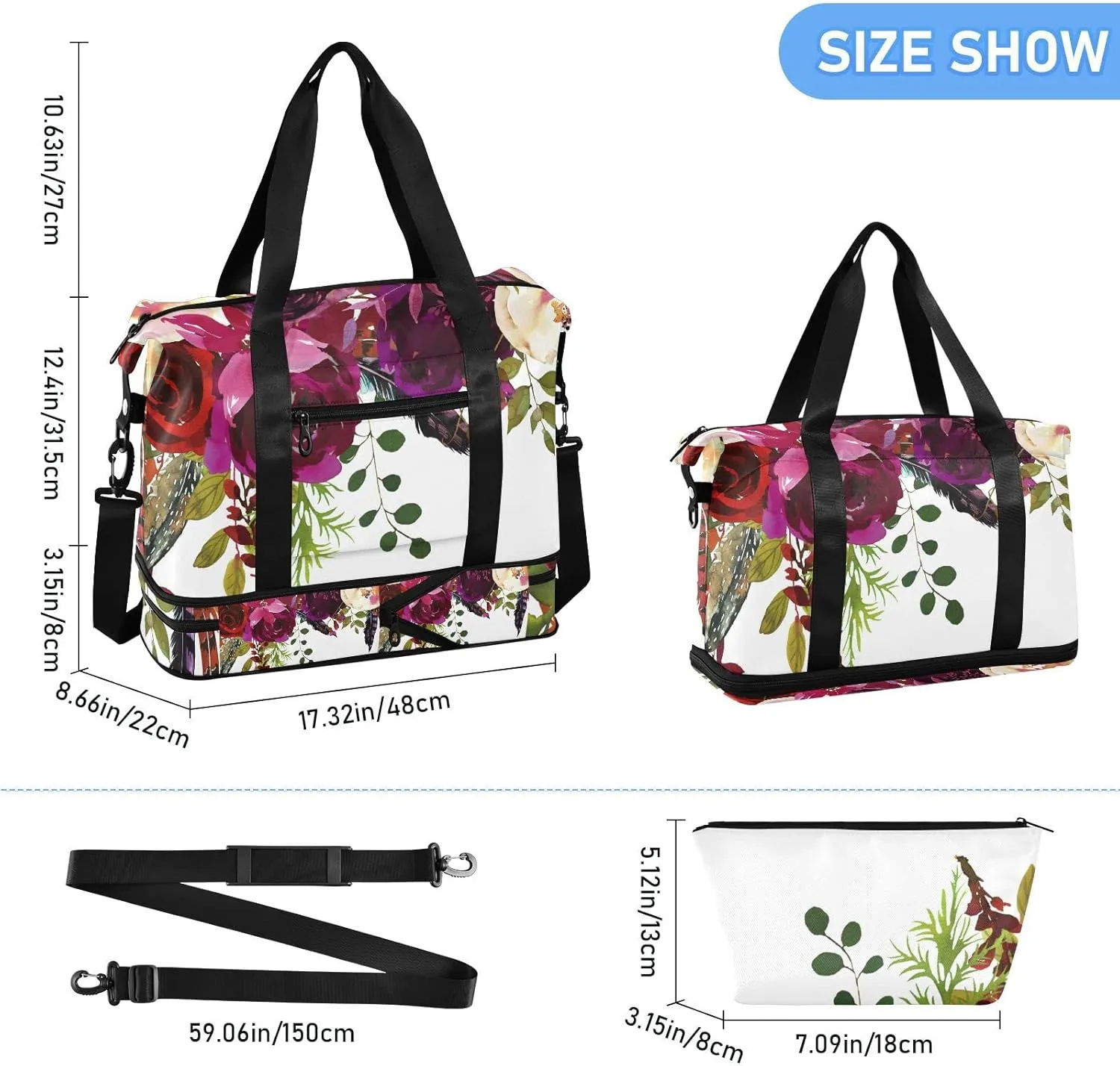 Burgundy Red White Floral Flowers and Feathers on White Foldable Travel Bag, Camping Luggage bag, Portable Gym Bag, Sports Bag, Toiletry Bag with Handles Adjustable Shoulder Strap