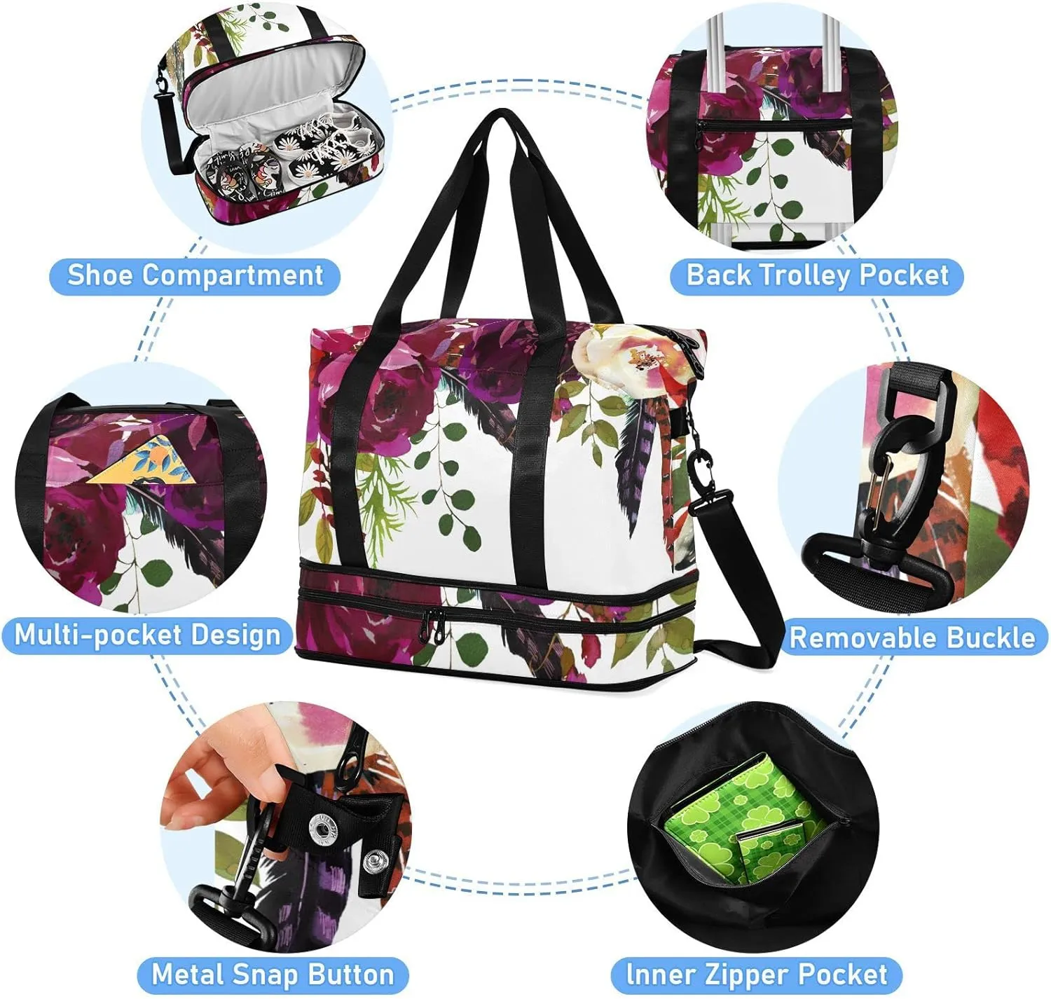 Burgundy Red White Floral Flowers and Feathers on White Foldable Travel Bag, Camping Luggage bag, Portable Gym Bag, Sports Bag, Toiletry Bag with Handles Adjustable Shoulder Strap
