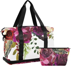 Burgundy Red White Floral Flowers and Feathers on White Foldable Travel Bag, Camping Luggage bag, Portable Gym Bag, Sports Bag, Toiletry Bag with Handles Adjustable Shoulder Strap