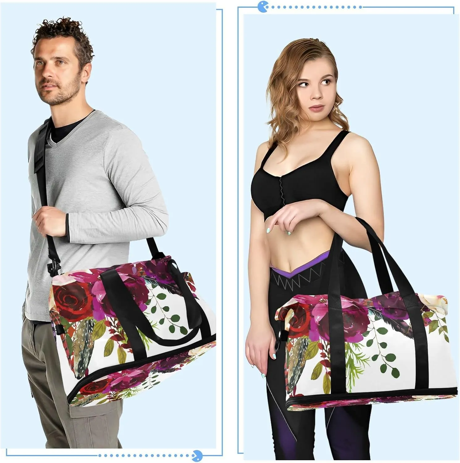 Burgundy Red White Floral Flowers and Feathers on White Foldable Travel Bag, Camping Luggage bag, Portable Gym Bag, Sports Bag, Toiletry Bag with Handles Adjustable Shoulder Strap