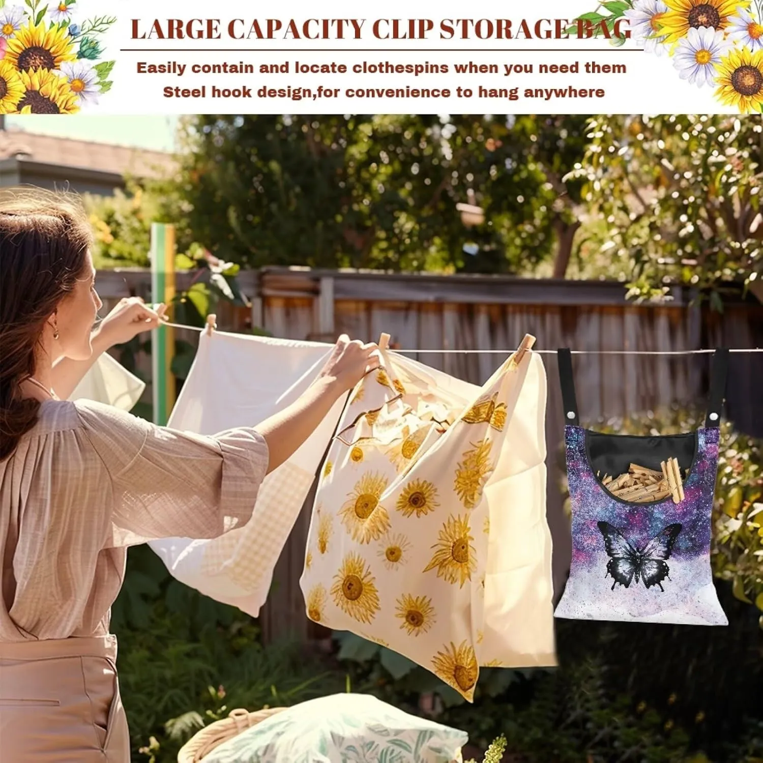 Butterfly Galaxy Clothes Pin Hanging Bag Multi Purpose Clothespin Storage Organizer with Wide Mouth Clothesline Peg Organizer Storage Bags for Home,Dorm,Travel Set of 2