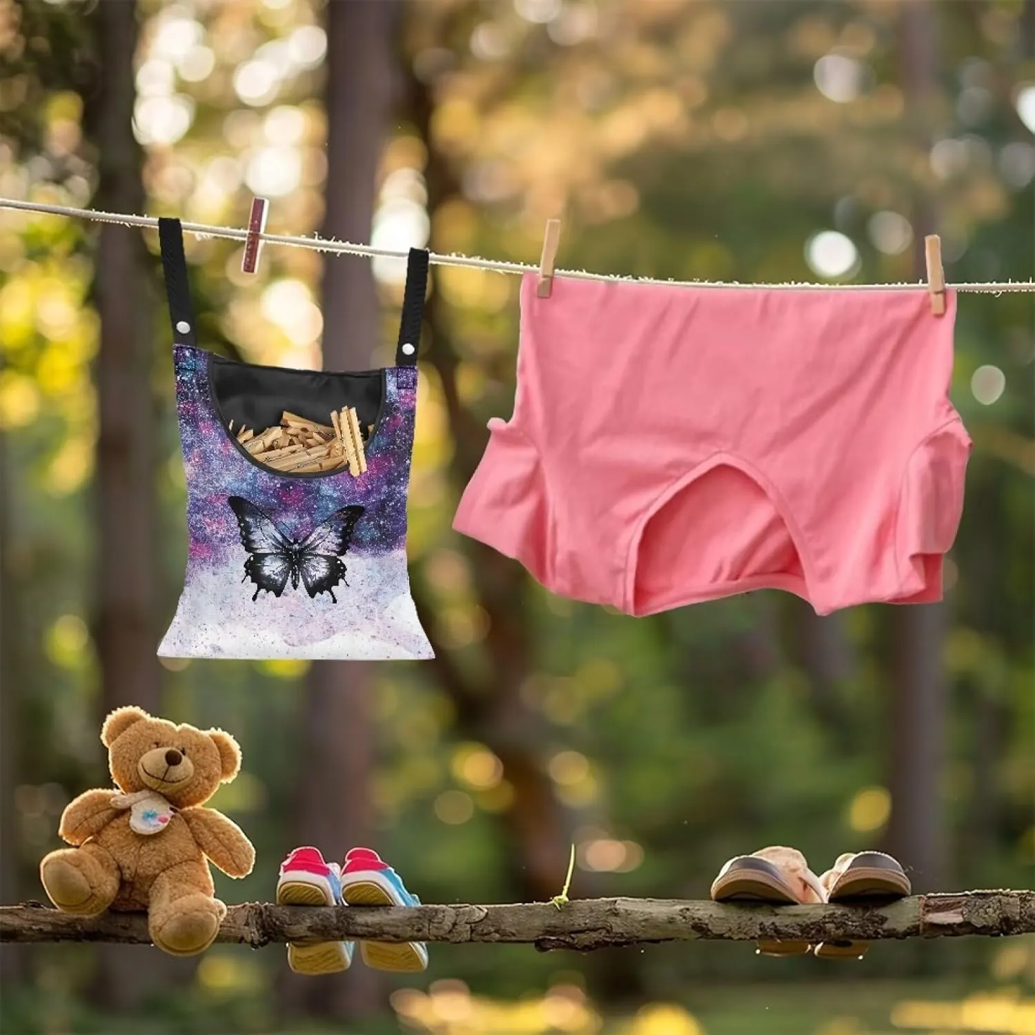 Butterfly Galaxy Clothes Pin Hanging Bag Multi Purpose Clothespin Storage Organizer with Wide Mouth Clothesline Peg Organizer Storage Bags for Home,Dorm,Travel Set of 2