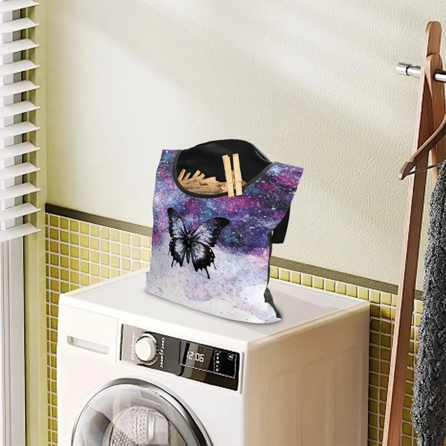 Butterfly Galaxy Clothes Pin Hanging Bag Multi Purpose Clothespin Storage Organizer with Wide Mouth Clothesline Peg Organizer Storage Bags for Home,Dorm,Travel Set of 2