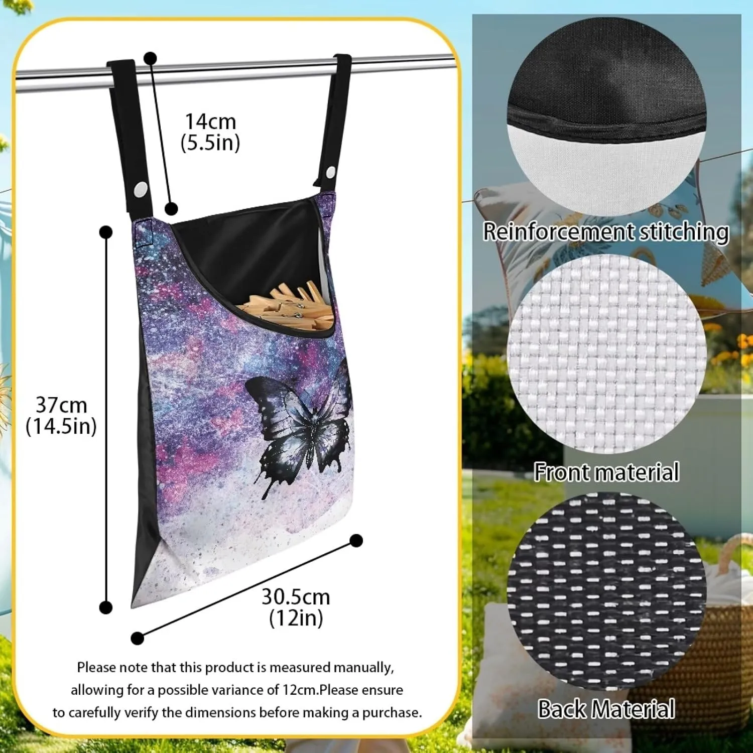 Butterfly Galaxy Clothes Pin Hanging Bag Multi Purpose Clothespin Storage Organizer with Wide Mouth Clothesline Peg Organizer Storage Bags for Home,Dorm,Travel Set of 2