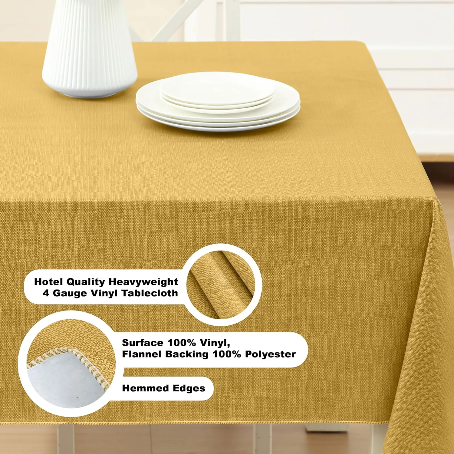 Cafe Hotel Linen Look Solid Color Heavy 4 Gauge Vinyl Flannel Backed Tablecloth, Indoor/Outdoor Wipe Clean Tablecloth, 60 Inch x 84 Inch Oblong/Rectangle, Gold