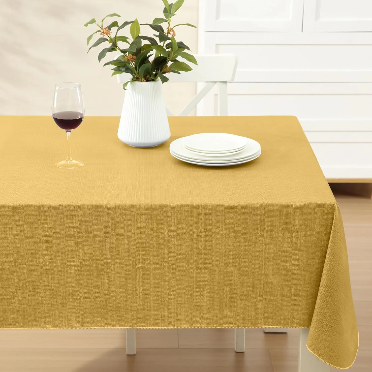 Cafe Hotel Linen Look Solid Color Heavy 4 Gauge Vinyl Flannel Backed Tablecloth, Indoor/Outdoor Wipe Clean Tablecloth, 60 Inch x 84 Inch Oblong/Rectangle, Gold