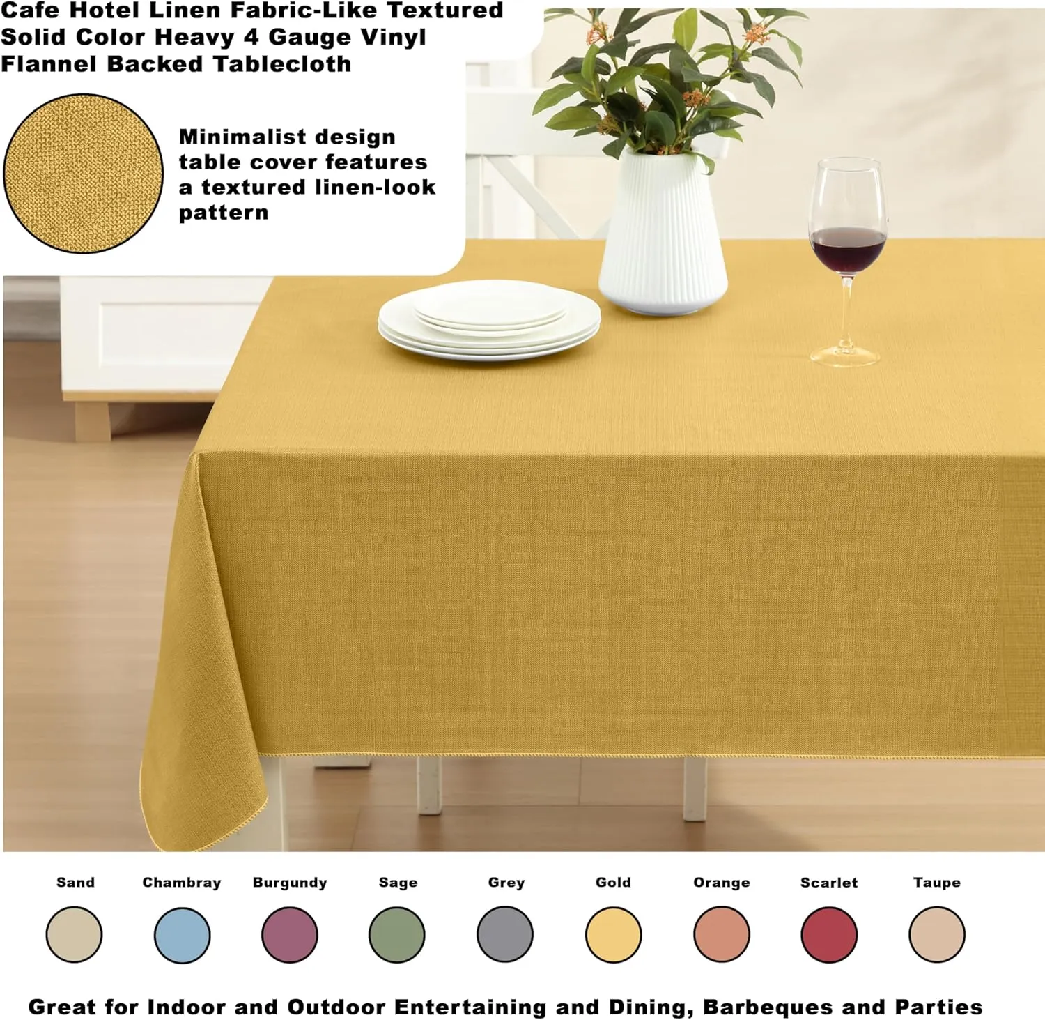 Cafe Hotel Linen Look Solid Color Heavy 4 Gauge Vinyl Flannel Backed Tablecloth, Indoor/Outdoor Wipe Clean Tablecloth, 60 Inch x 84 Inch Oblong/Rectangle, Gold