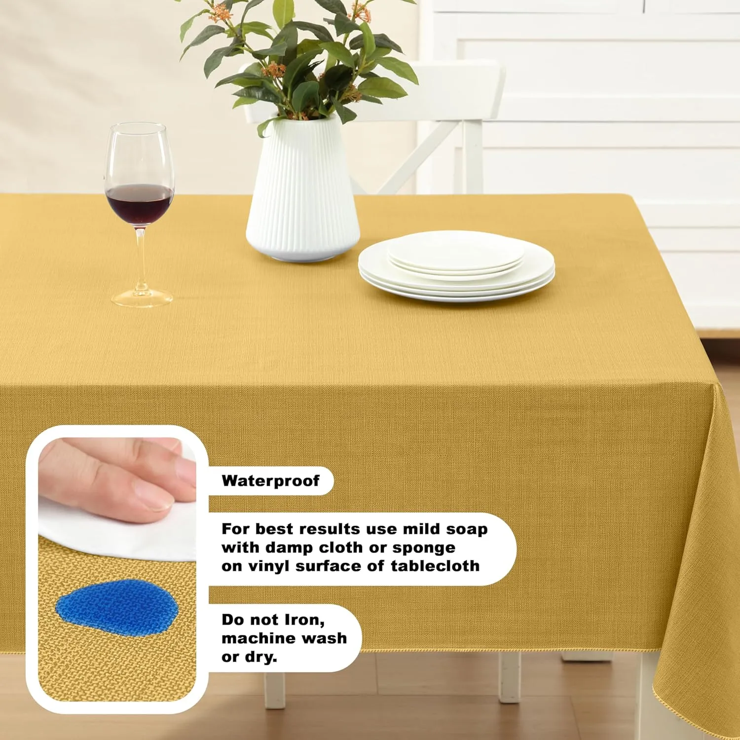Cafe Hotel Linen Look Solid Color Heavy 4 Gauge Vinyl Flannel Backed Tablecloth, Indoor/Outdoor Wipe Clean Tablecloth, 60 Inch x 84 Inch Oblong/Rectangle, Gold