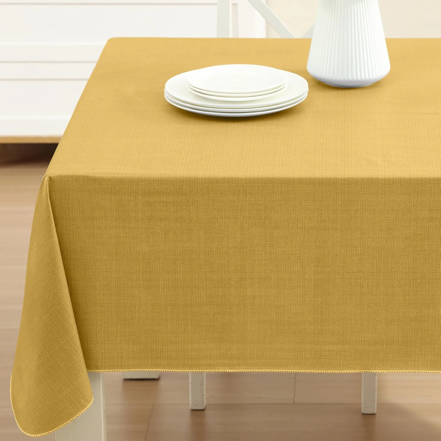 Cafe Hotel Linen Look Solid Color Heavy 4 Gauge Vinyl Flannel Backed Tablecloth, Indoor/Outdoor Wipe Clean Tablecloth, 60 Inch x 84 Inch Oblong/Rectangle, Gold