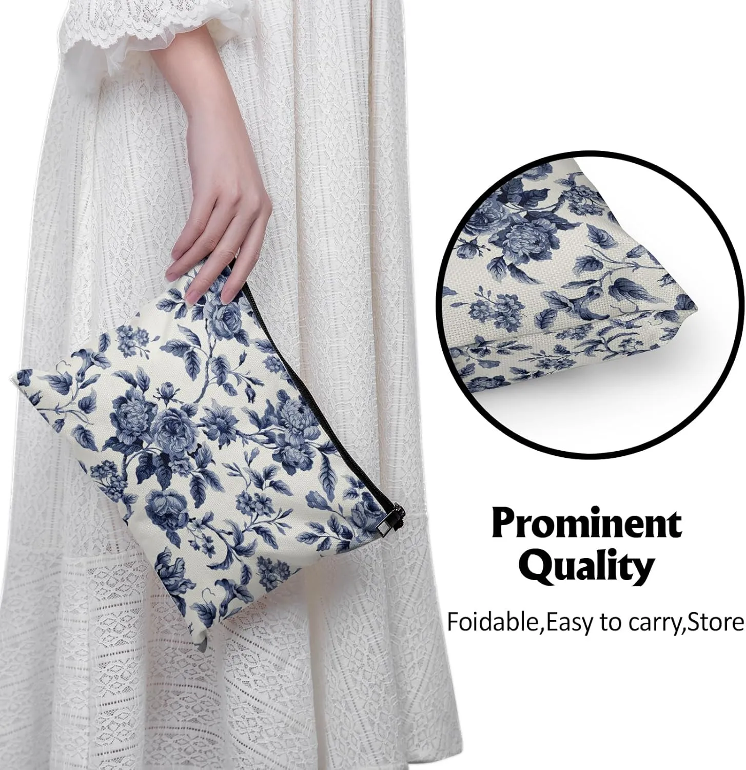 Cafl Blue Flowers Makeup Bag Botanical Flower Cosmetic Bag for Women Large Capacity Make Up Bag Portable Travel Toiletry Pouch Organizer 10 * 8inch