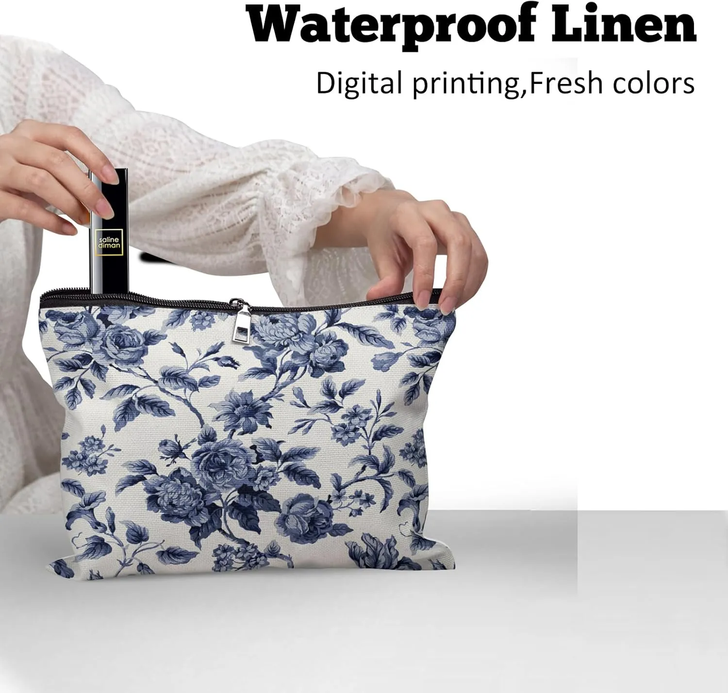 Cafl Blue Flowers Makeup Bag Botanical Flower Cosmetic Bag for Women Large Capacity Make Up Bag Portable Travel Toiletry Pouch Organizer 10 * 8inch