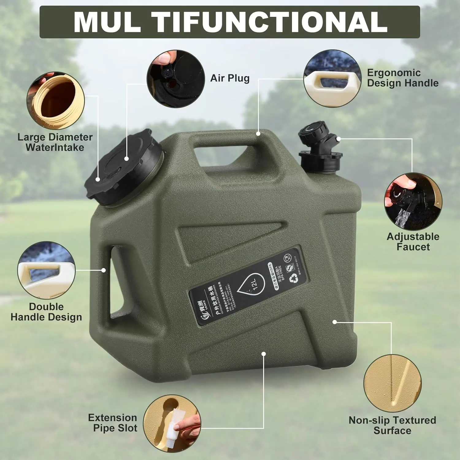 Camping Water Jug, 3.2 Gallon (12L) Portable Water Containers with Spigot, No Leakage Portable Emergency Water Tank Canteens for Camping and Emergency Storage