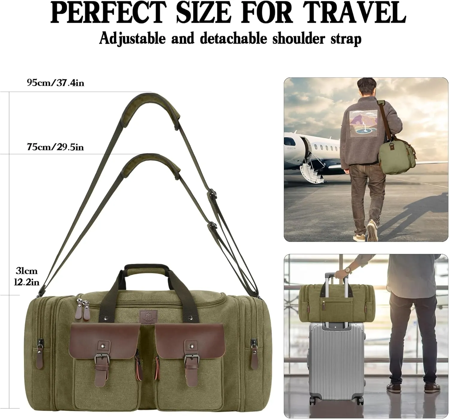 Canvas Duffle Bag for Men 60L Travel Duffel Bags Expandable Genuine Leather Duffel Overnight Weekender Carry On Bag Two Zipper Pockets Travel Bag (Army Green, X Large-60L)