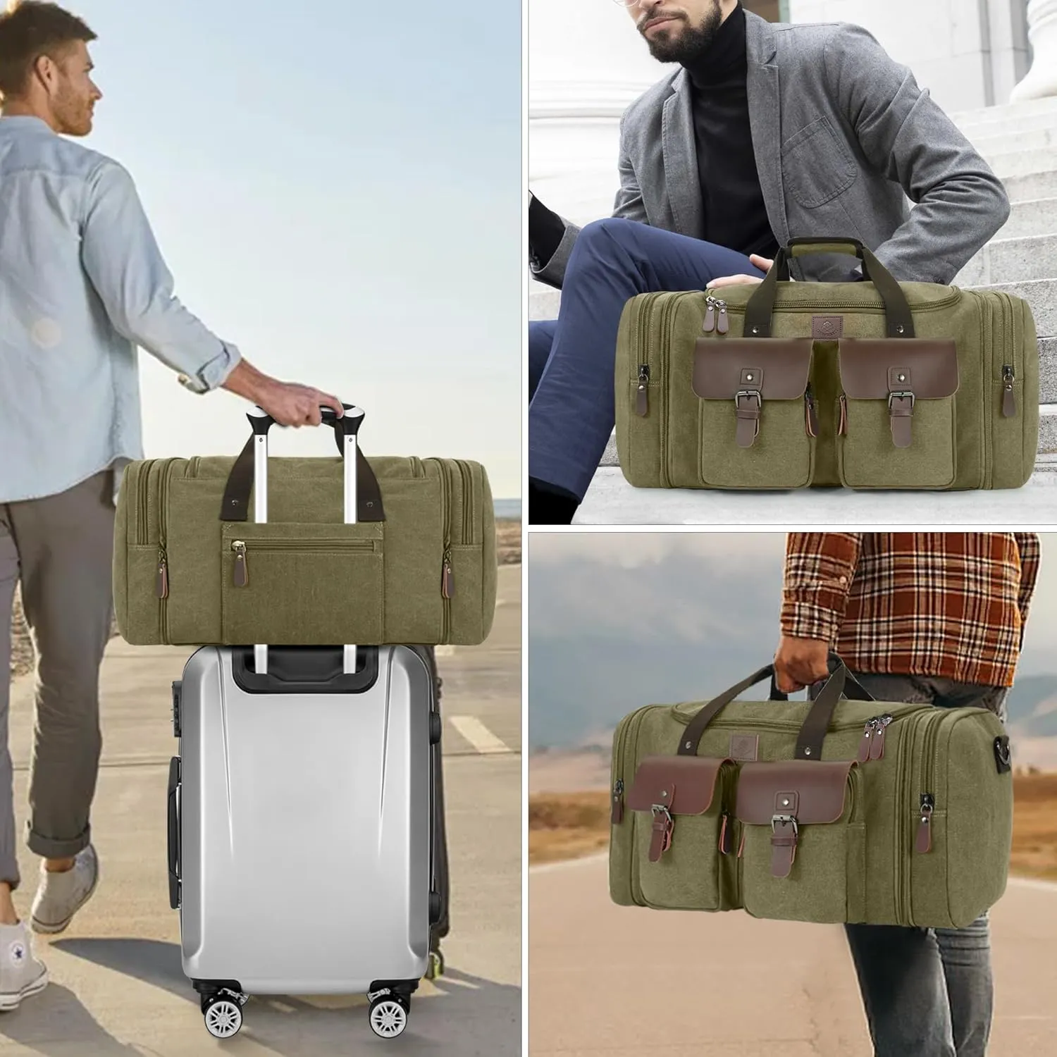 Canvas Duffle Bag for Men 60L Travel Duffel Bags Expandable Genuine Leather Duffel Overnight Weekender Carry On Bag Two Zipper Pockets Travel Bag (Army Green, X Large-60L)