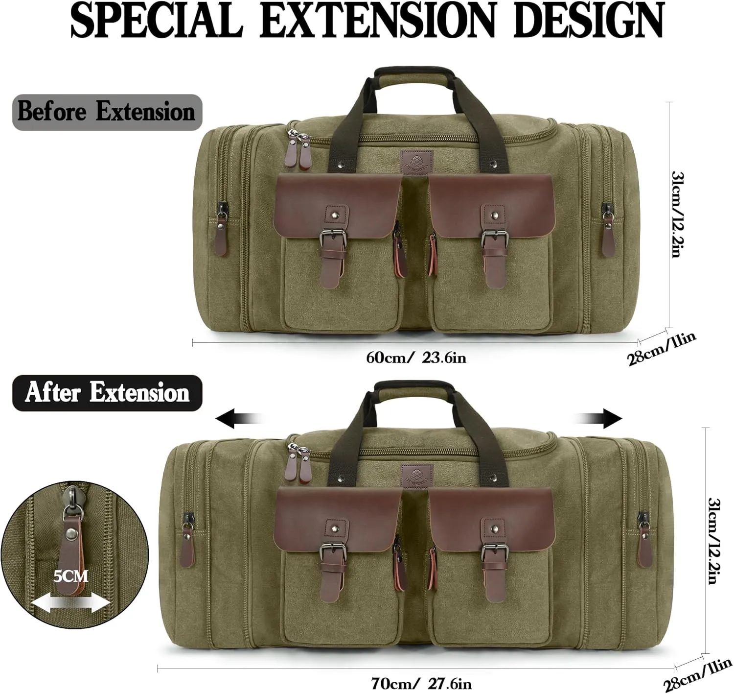 Canvas Duffle Bag for Men 60L Travel Duffel Bags Expandable Genuine Leather Duffel Overnight Weekender Carry On Bag Two Zipper Pockets Travel Bag (Army Green, X Large-60L)