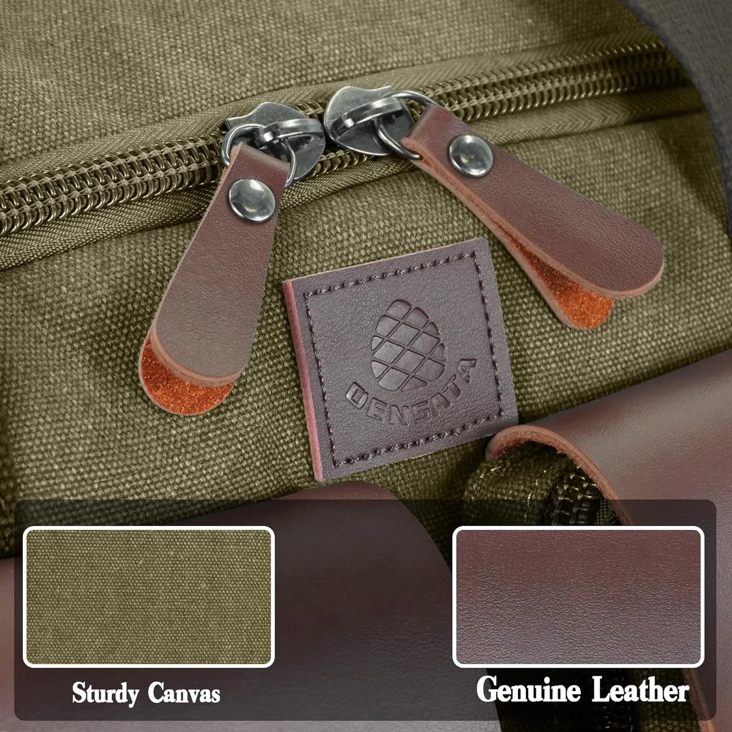 Canvas Duffle Bag for Men 60L Travel Duffel Bags Expandable Genuine Leather Duffel Overnight Weekender Carry On Bag Two Zipper Pockets Travel Bag (Army Green, X Large-60L)