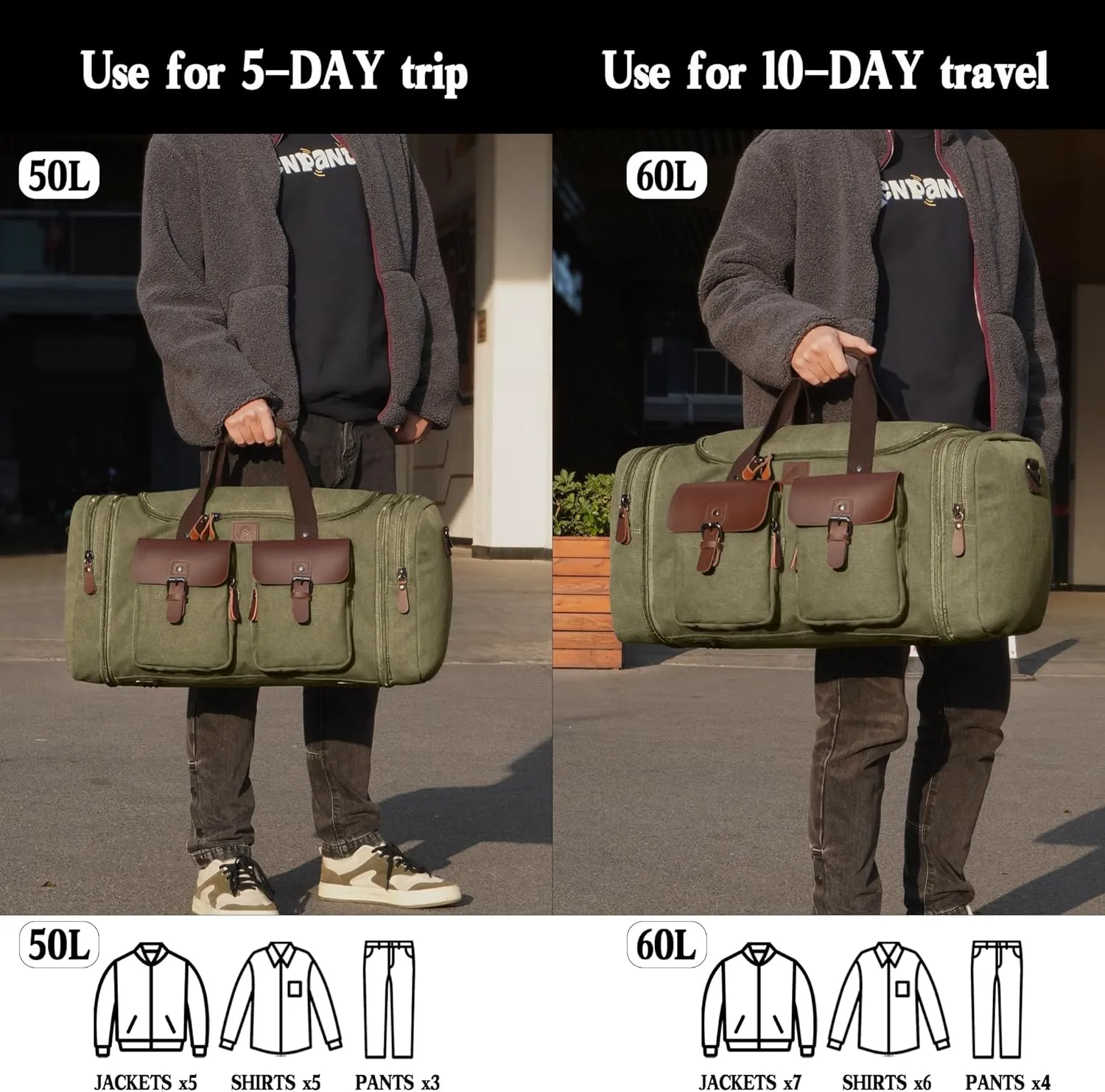Canvas Duffle Bag for Men 60L Travel Duffel Bags Expandable Genuine Leather Duffel Overnight Weekender Carry On Bag Two Zipper Pockets Travel Bag (Army Green, X Large-60L)