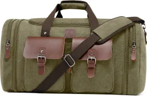 Canvas Duffle Bag for Men 60L Travel Duffel Bags Expandable Genuine Leather Duffel Overnight Weekender Carry On Bag Two Zipper Pockets Travel Bag (Army Green, X Large-60L)