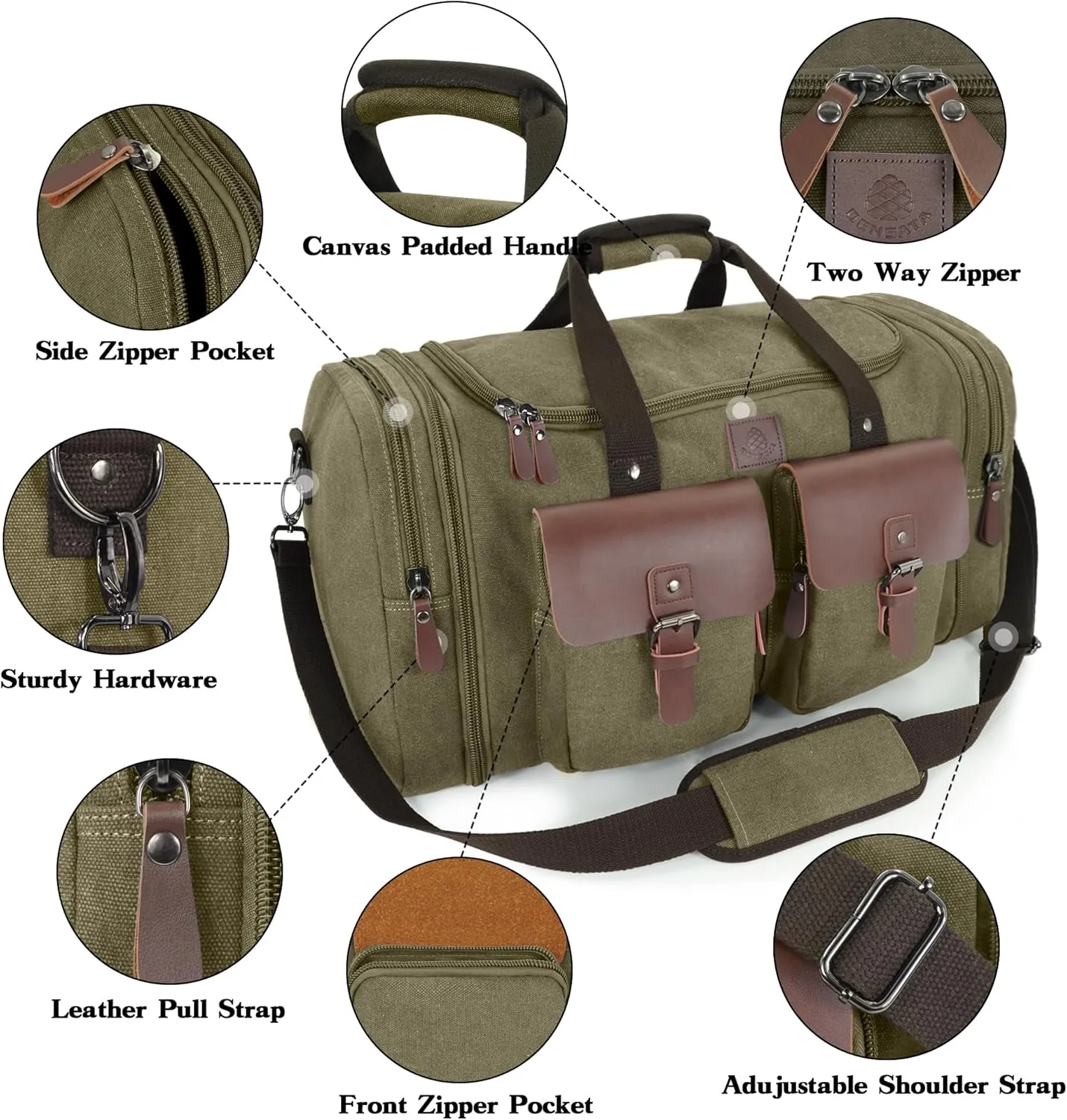 Canvas Duffle Bag for Men 60L Travel Duffel Bags Expandable Genuine Leather Duffel Overnight Weekender Carry On Bag Two Zipper Pockets Travel Bag (Army Green, X Large-60L)
