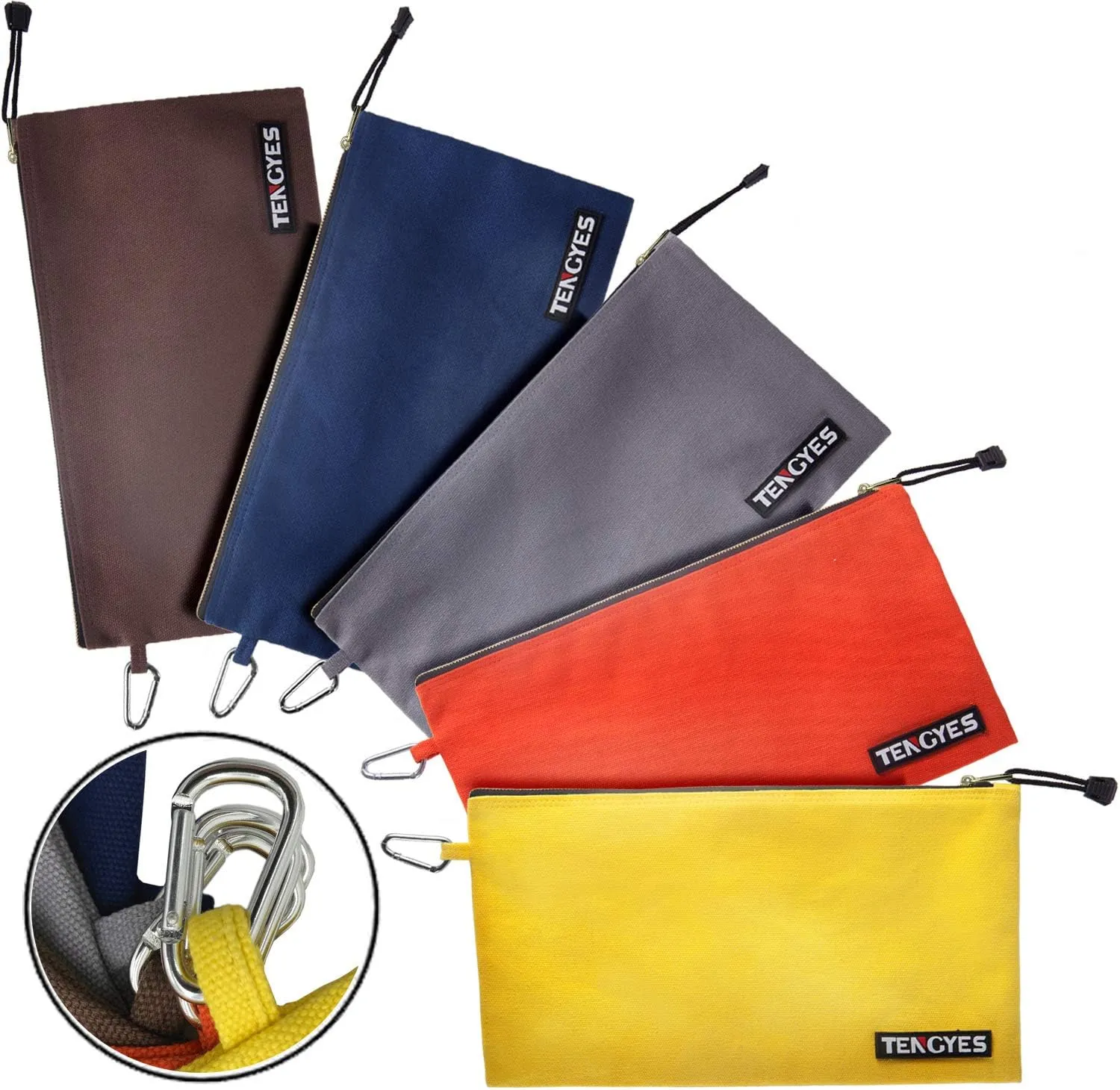 Canvas Tool Pouch Zipper Bag - 5 Pack Utility Bags Heavy Duty Metal Zippers Pouches with Carabiner, Multi Storage Organizer Clip on Tote Bags