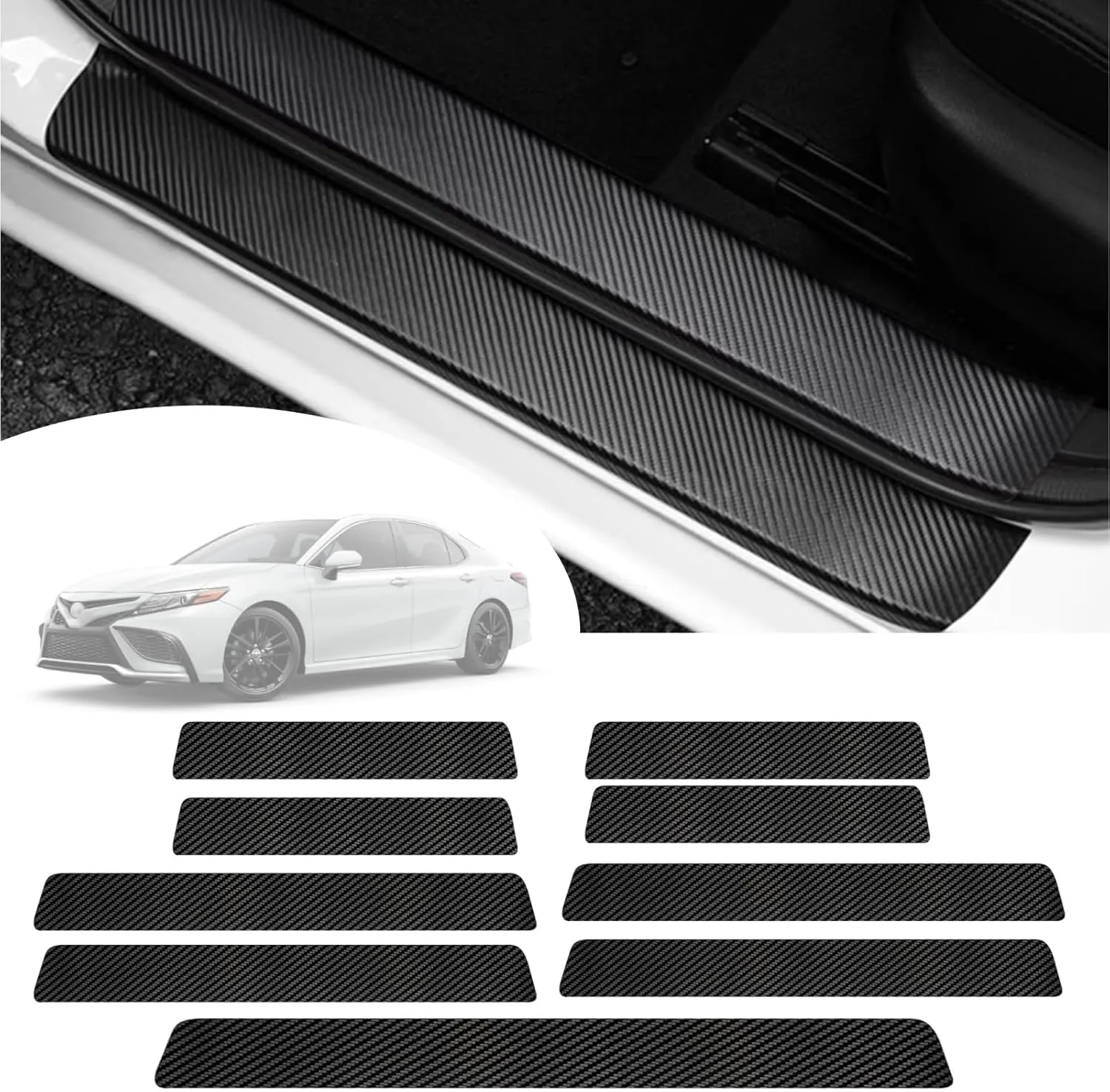 Car Door Sill Protector Compatible with Toyota Camry 2025-2019 LE XSE XLE SE Sedan Prime - Custom Fit Anti-Scratch Carbon Fiber Threshold Protection Sticker, Trunk & Door Entry Edge Guard(9 PCS)