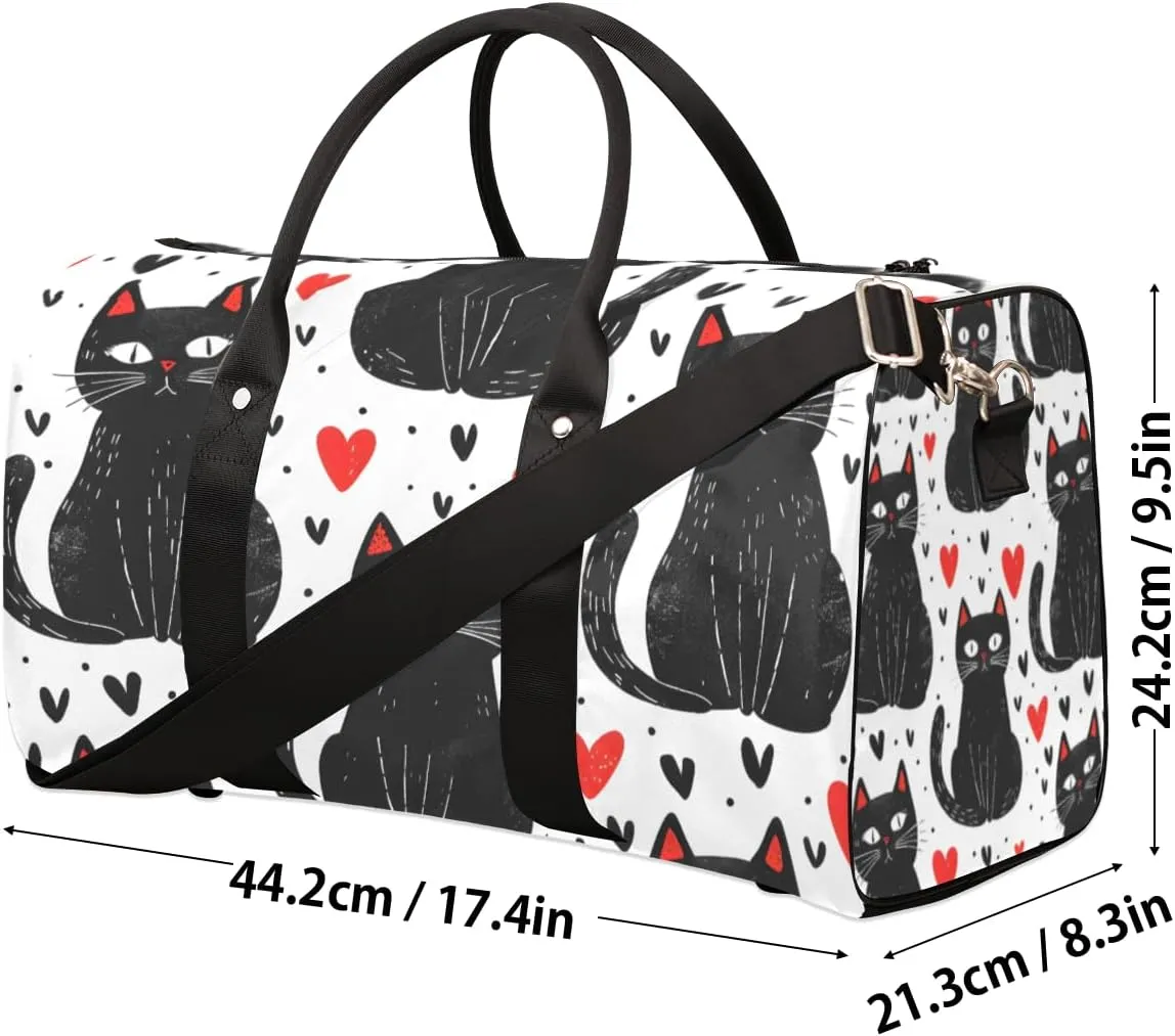 Cartoon Black Cats Travel Duffle Bag for Women Men Gym Duffel Foldable Bag Waterproof Weekender Red Hearts Duffle Tote