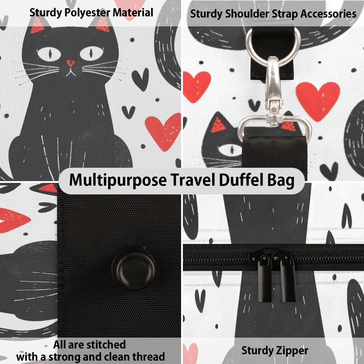 Cartoon Black Cats Travel Duffle Bag for Women Men Gym Duffel Foldable Bag Waterproof Weekender Red Hearts Duffle Tote