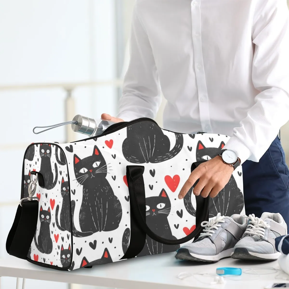 Cartoon Black Cats Travel Duffle Bag for Women Men Gym Duffel Foldable Bag Waterproof Weekender Red Hearts Duffle Tote