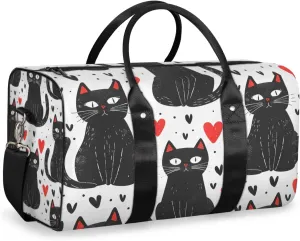 Cartoon Black Cats Travel Duffle Bag for Women Men Gym Duffel Foldable Bag Waterproof Weekender Red Hearts Duffle Tote