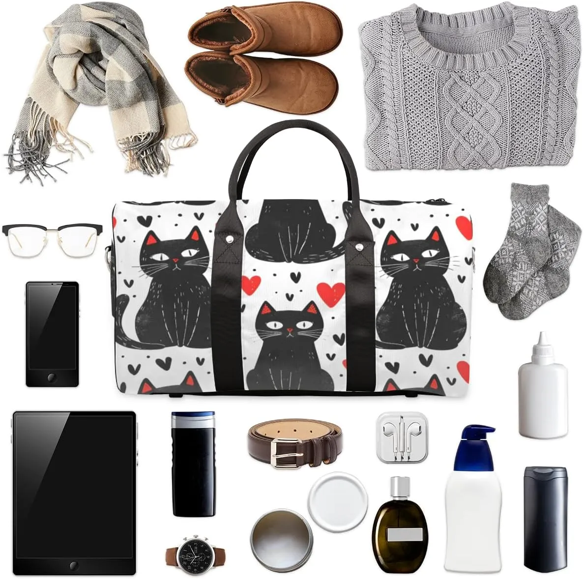 Cartoon Black Cats Travel Duffle Bag for Women Men Gym Duffel Foldable Bag Waterproof Weekender Red Hearts Duffle Tote
