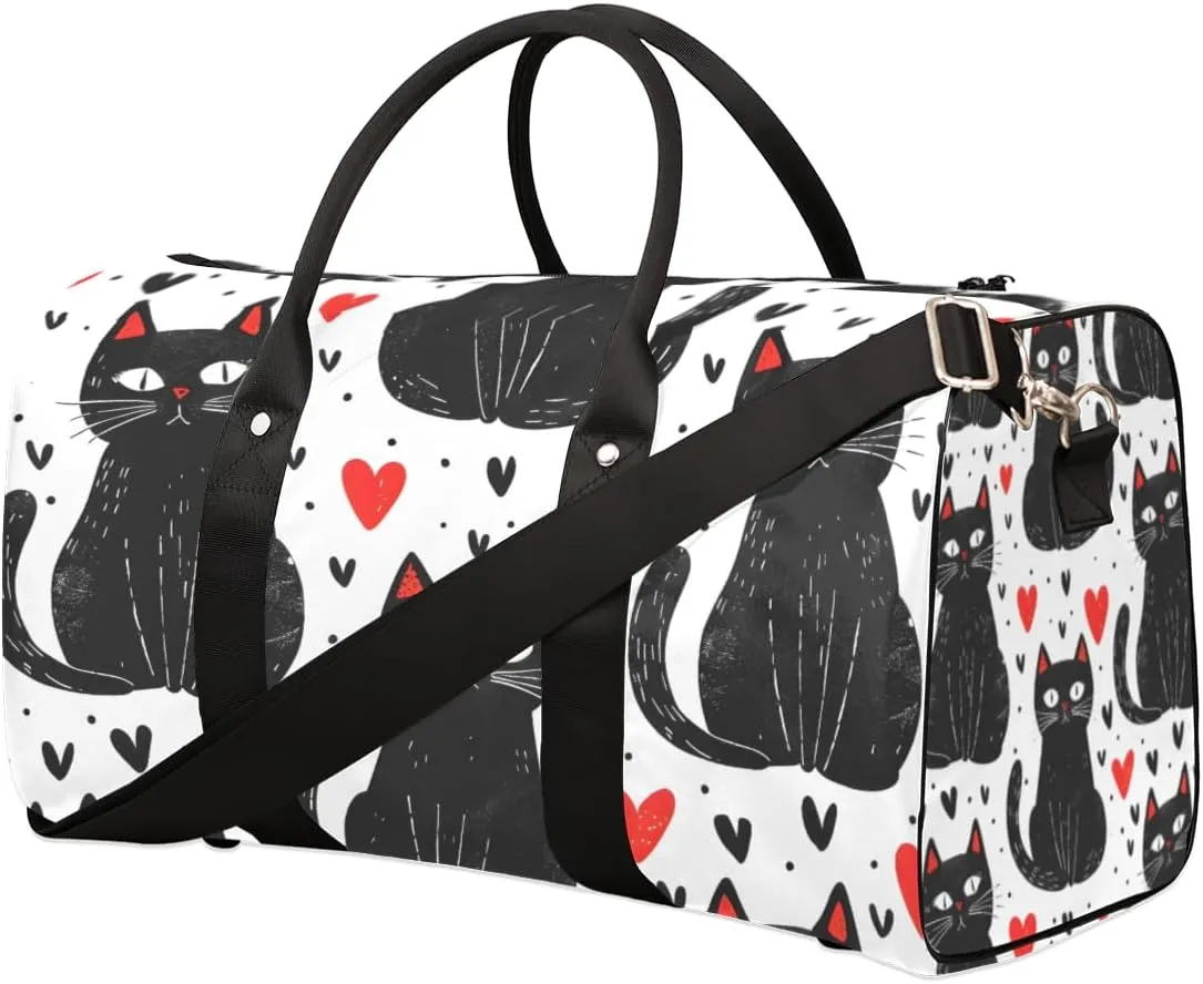 Cartoon Black Cats Travel Duffle Bag for Women Men Gym Duffel Foldable Bag Waterproof Weekender Red Hearts Duffle Tote