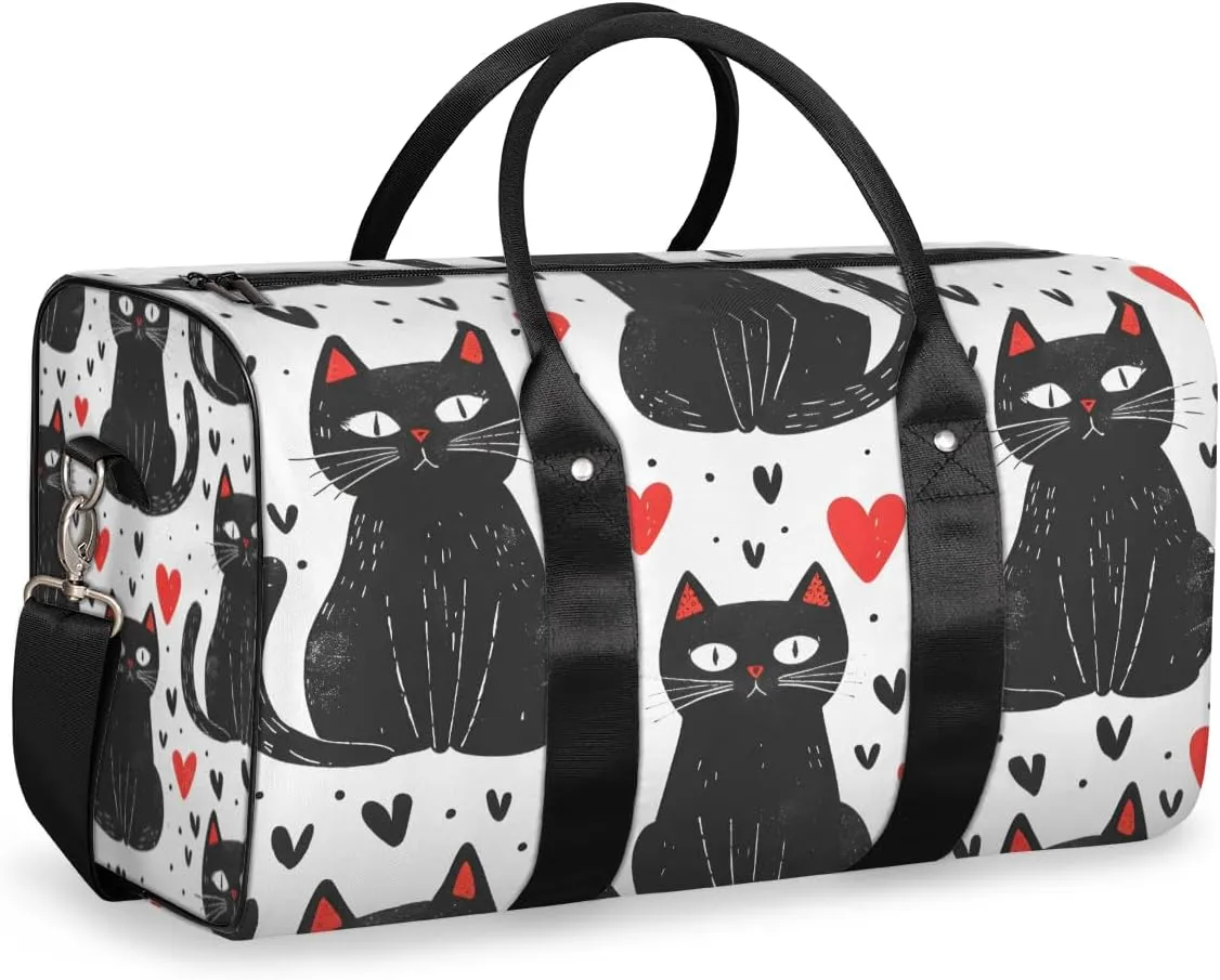 Cartoon Black Cats Travel Duffle Bag for Women Men Gym Duffel Foldable Bag Waterproof Weekender Red Hearts Duffle Tote