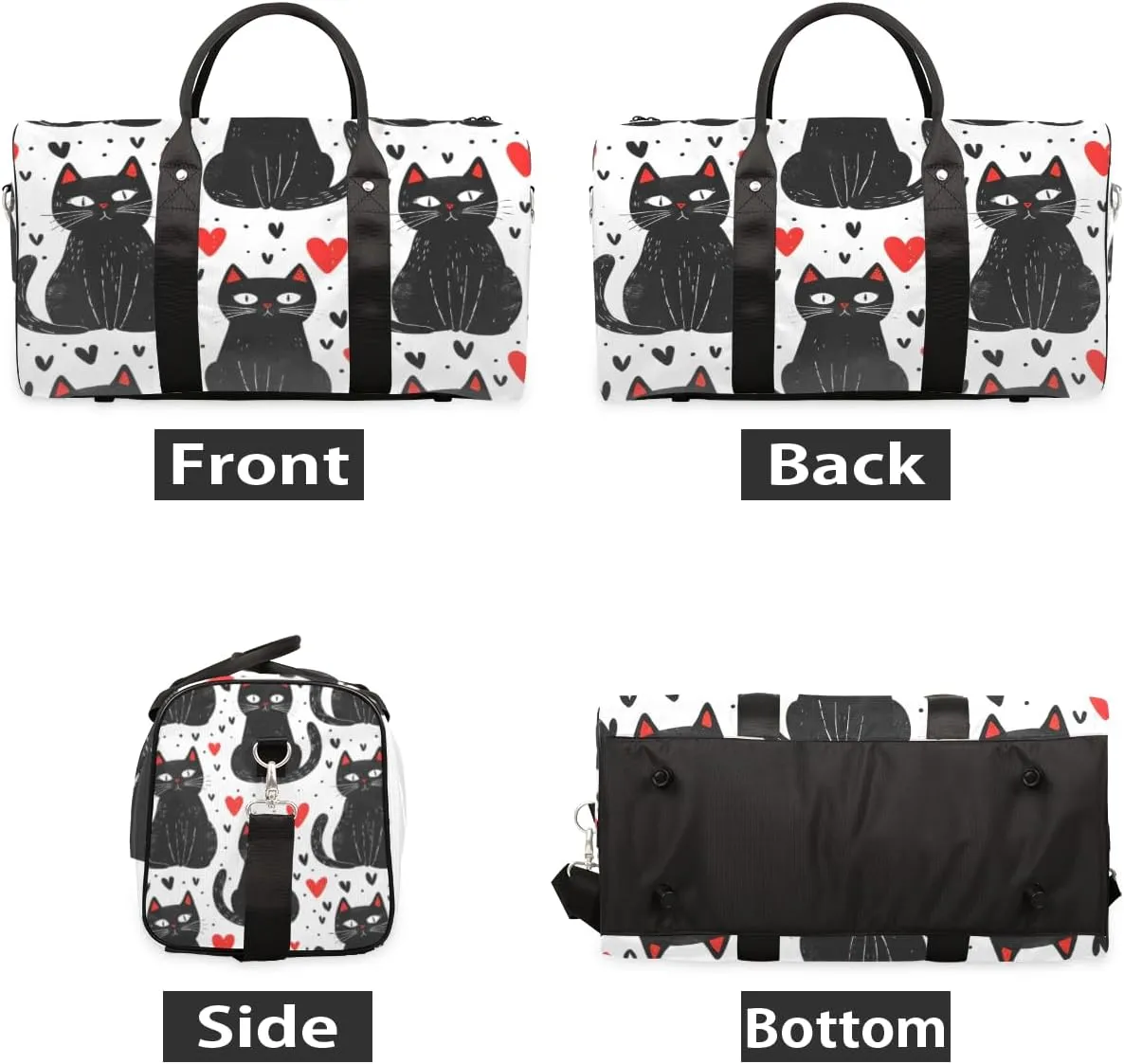 Cartoon Black Cats Travel Duffle Bag for Women Men Gym Duffel Foldable Bag Waterproof Weekender Red Hearts Duffle Tote