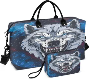 Cartoon Wolf Face Travel Duffel Bags with Toiletry Bag for Travel Gym Yoga Weekender Bag