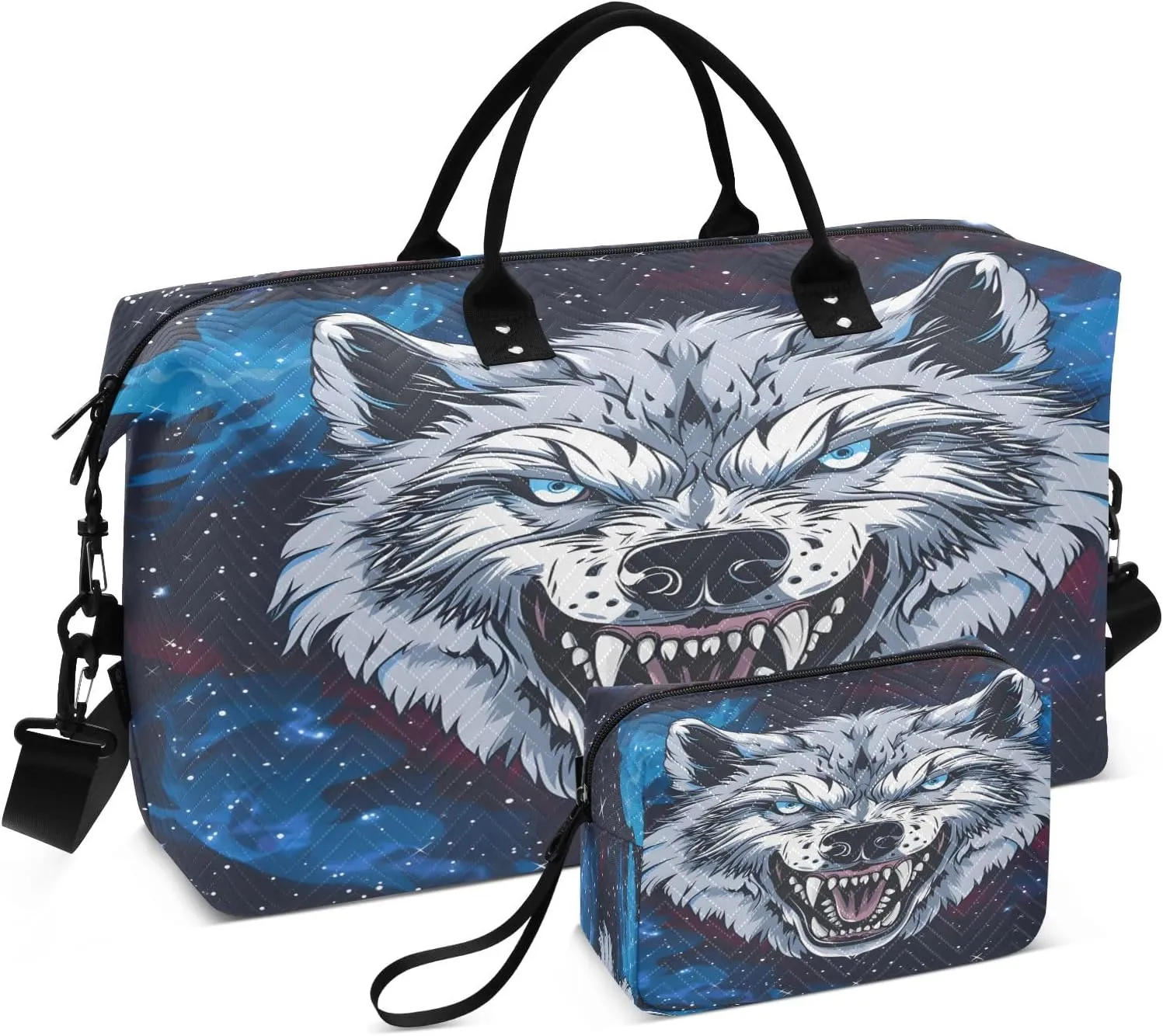 Cartoon Wolf Face Travel Duffel Bags with Toiletry Bag for Travel Gym Yoga Weekender Bag