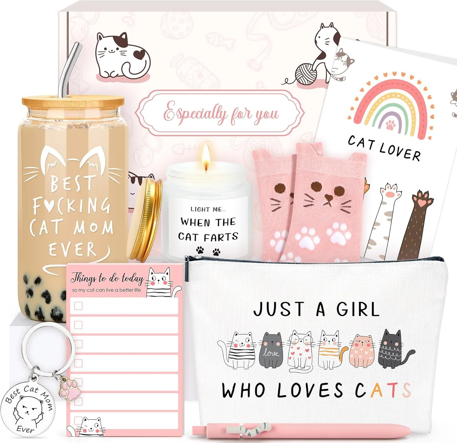 Cat Mom Gifts for Women Unique Cat Themed Gift for Cats Lovers Gifts for Women Funny Cats Accessories for Woman - Kitty Paw Socks Keychain Pen Candle Cup Sticky Notes Makeup Bag Card